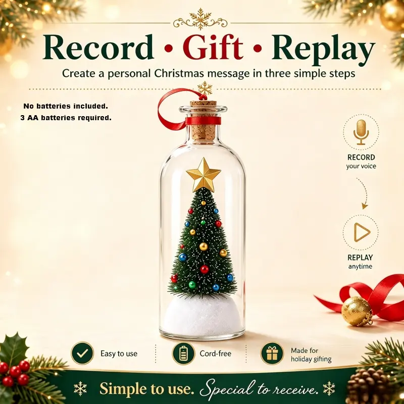 Recordable Glass Bottle Christmas Tree Message Ornament, 30 Seconds Voice Recording, Replay Permanently with Cork Stopper, Festive Audio Keepsake, Unique Home Decor Gift
