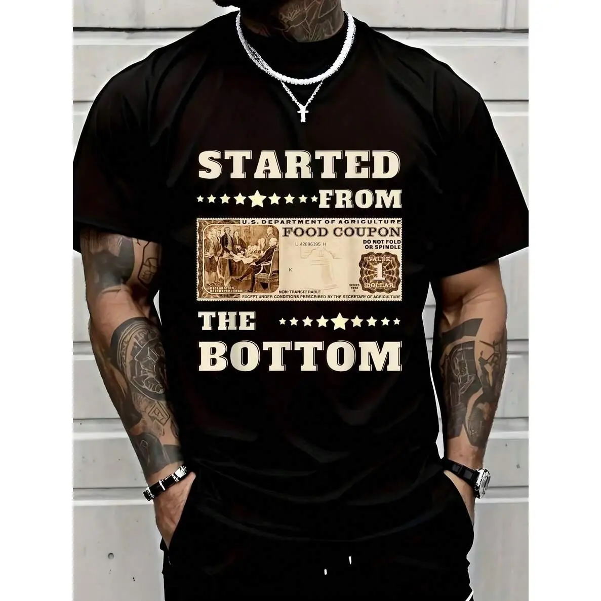 1pc Man's Quote Coupon Print Black TShirt Crew Neck Casual Cotton Tee Medium Stretch Knit Fabric Regular Fit For Boys Man Perfect For //