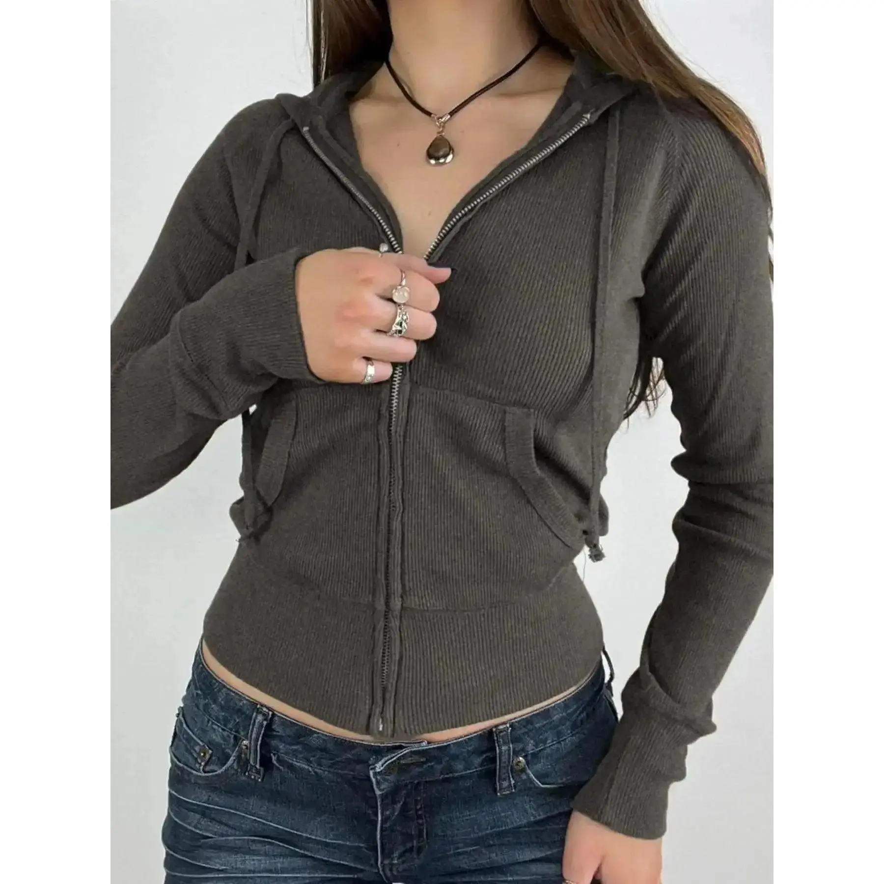 Women's Casual Ribbed Knit Plain Pocket Drawstring Zip Up Hoodie, Basic Long Sleeve Hooded Sweatshirt for Summer, Women's Clothing for Daily Wear, Drawstring Pocket Hoodies, Hoodie Tops, Stylish, Lightweight.