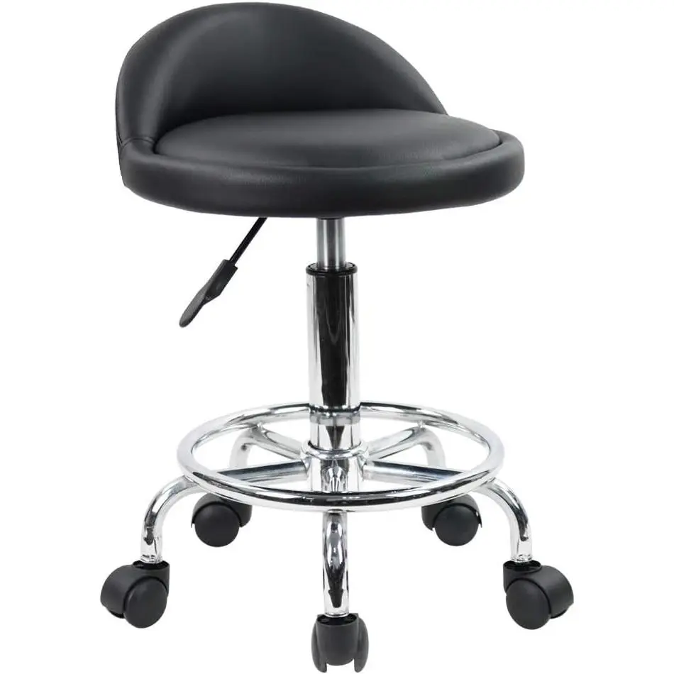 PU Leather Round Rolling Stool with Foot Rest Height Adjustable Swivel Drafting Work SPA Task Chair with Wheels (Black)