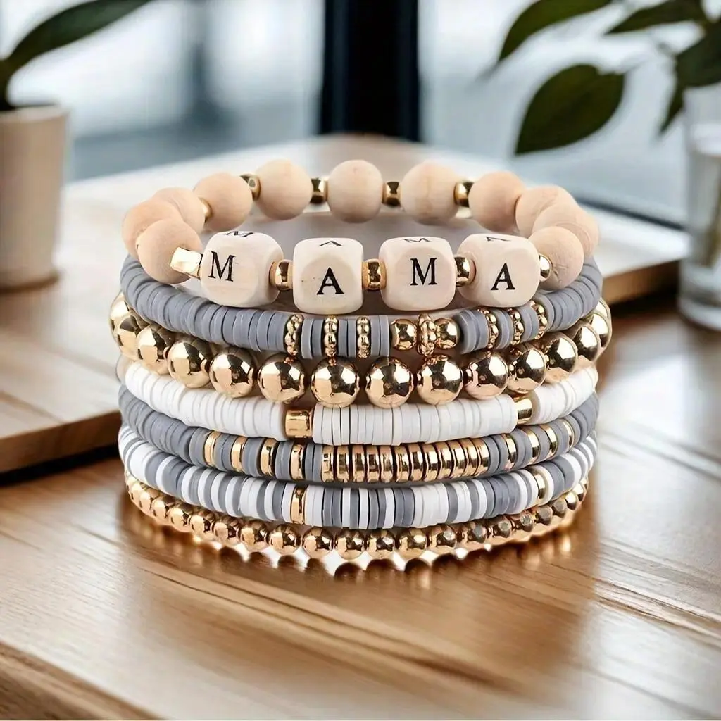 Colorful Polymer Clay Bracelet Set for Women, 7-Piece MAMA Beaded Stackable Stretch Bracelets, Boho Layered Jewelry for Everyday Summer Beach Wear, Colorful Beads, Boho Mom Life, Everyday Wear, Beaded Strand Bracelet, Female Set