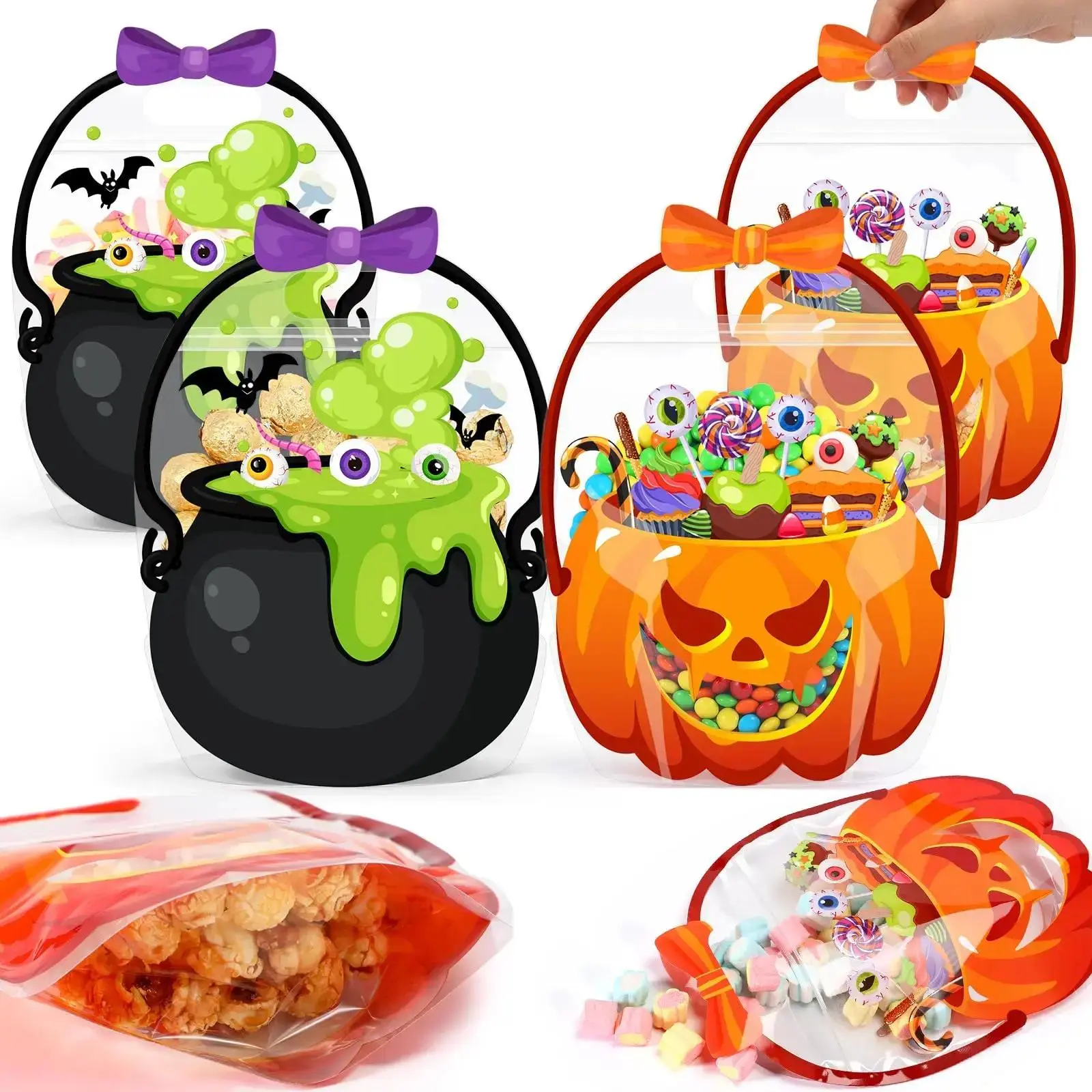 Halloween Goodie Bags Plastic Candy Bag Trick or Treat Bags with Cauldron Skeleton black Cat Skull Pumpkin Design,Treat Bags for Student Teacher Colleagues Neighbors,Classroom Snack Storage for Halloween Birthday Party Favor Supplies