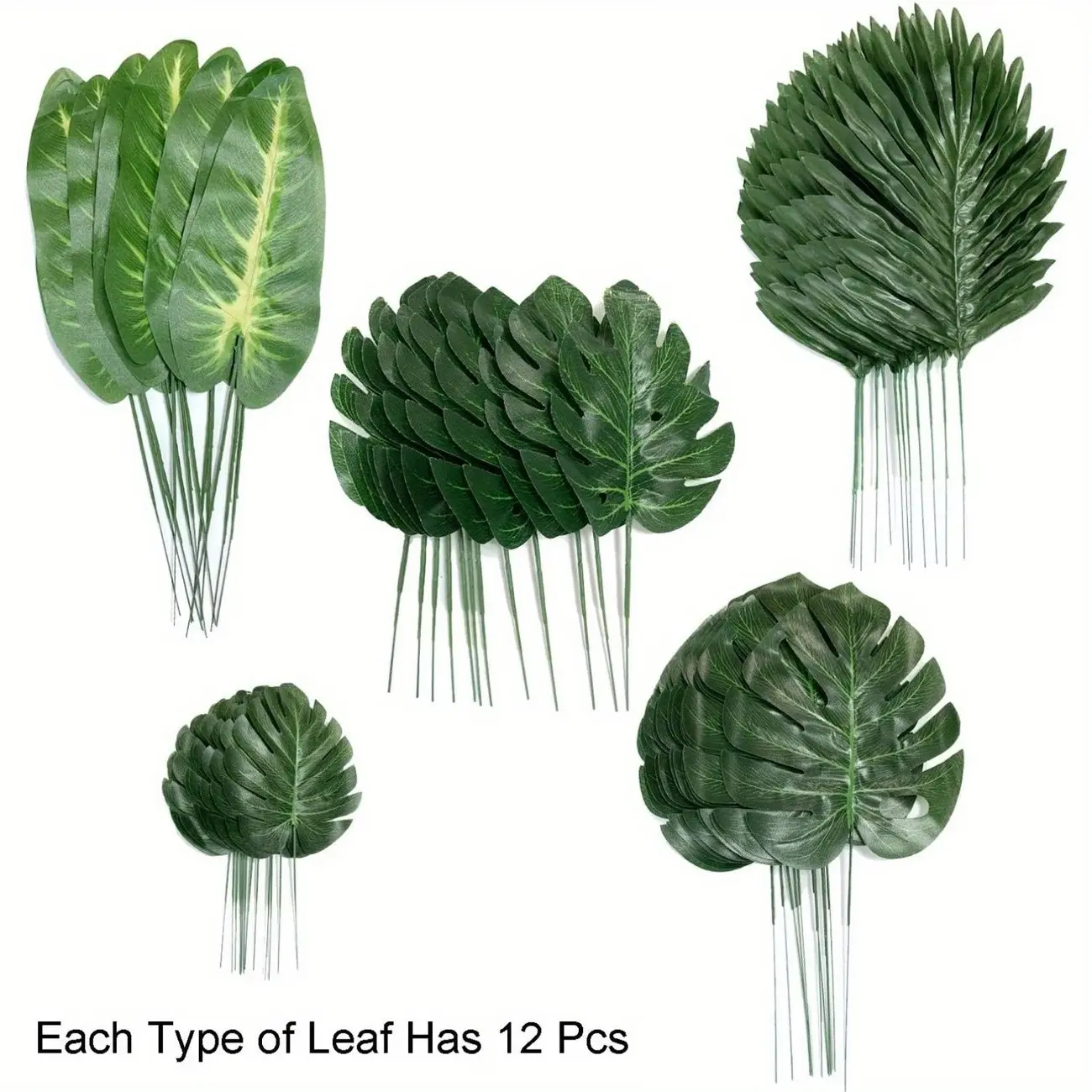 60 pieces - 5 types of mixed artificial palm leaves, tropical style decorative jungle turtle shell bamboo leaves, Safari leaves, green fake palm leaves with stems, suitable for Hawaiian Luau party jungle beach table decoration