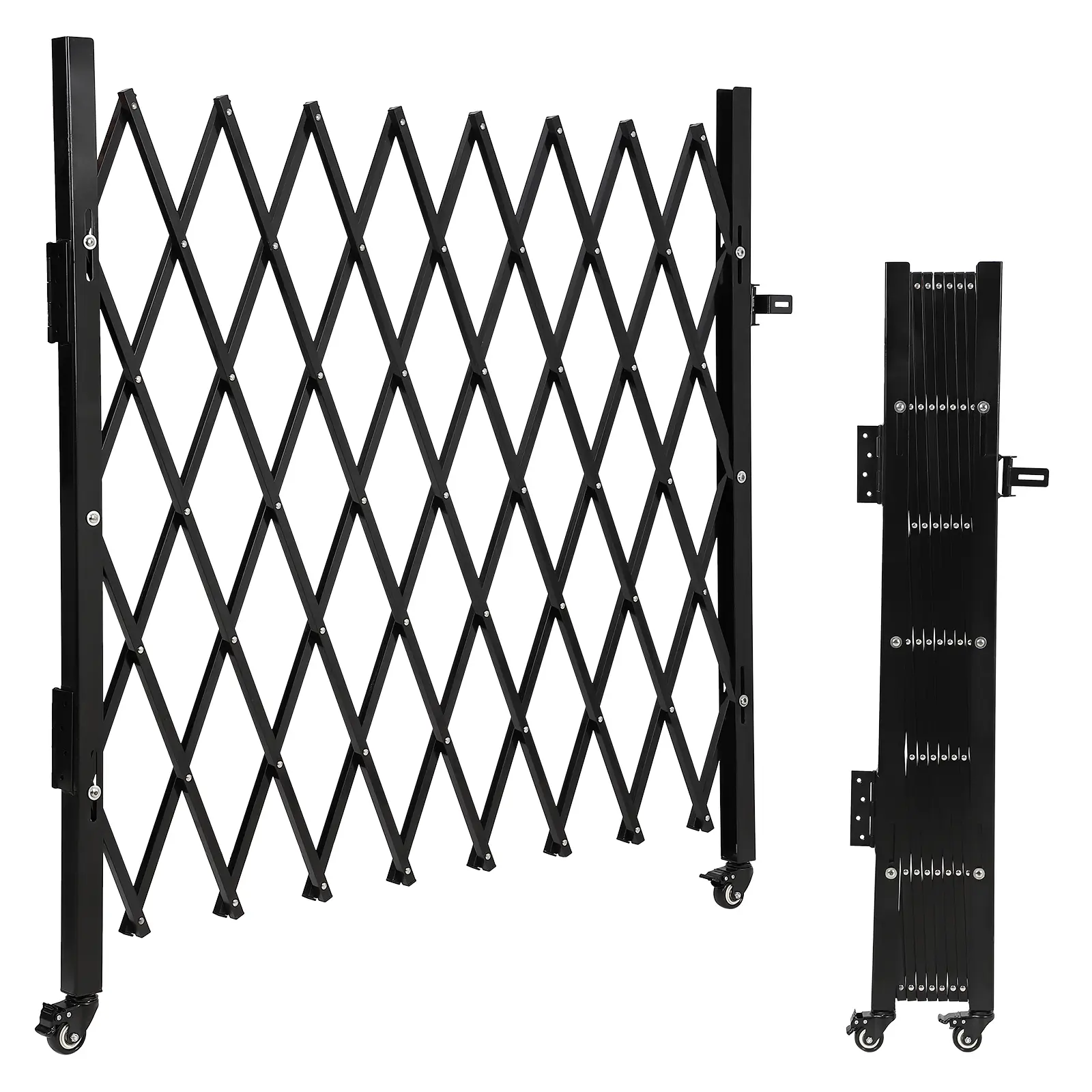Expandable Accordion Steel Safety Gate Equipped with 360° Rolling Casters, Collapsible Portable Security Barrier, Adjustable Height 50"-85", Extends Up to 150" Wide, Indoor & Outdoor Use for Stairs, Doorways, Driveways, Garages and Gardens