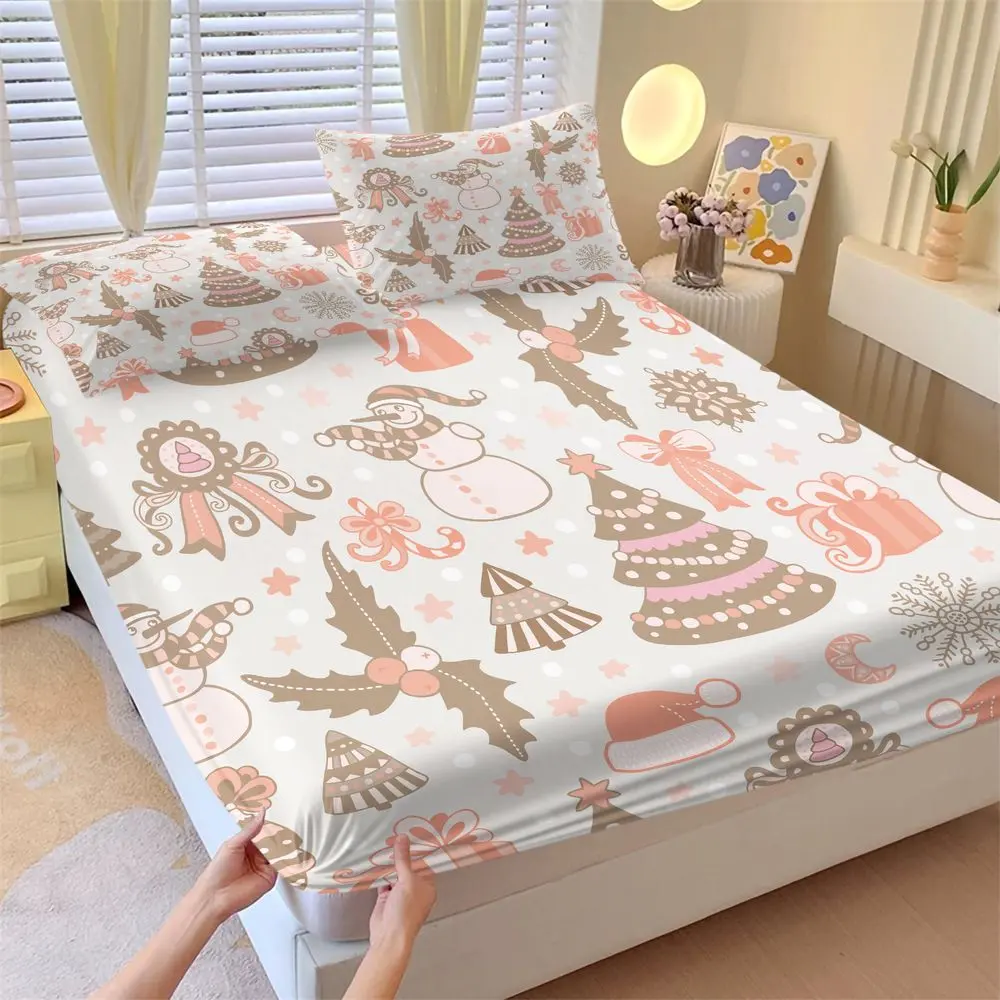 3Pcs Christmas Fitted Sheet Set Soft Bed Sheets Set Holiday Bedding Set with Snowman & Tree Print Festive Bedroom Decor for Kids and Adults Gift Idea No Fillers