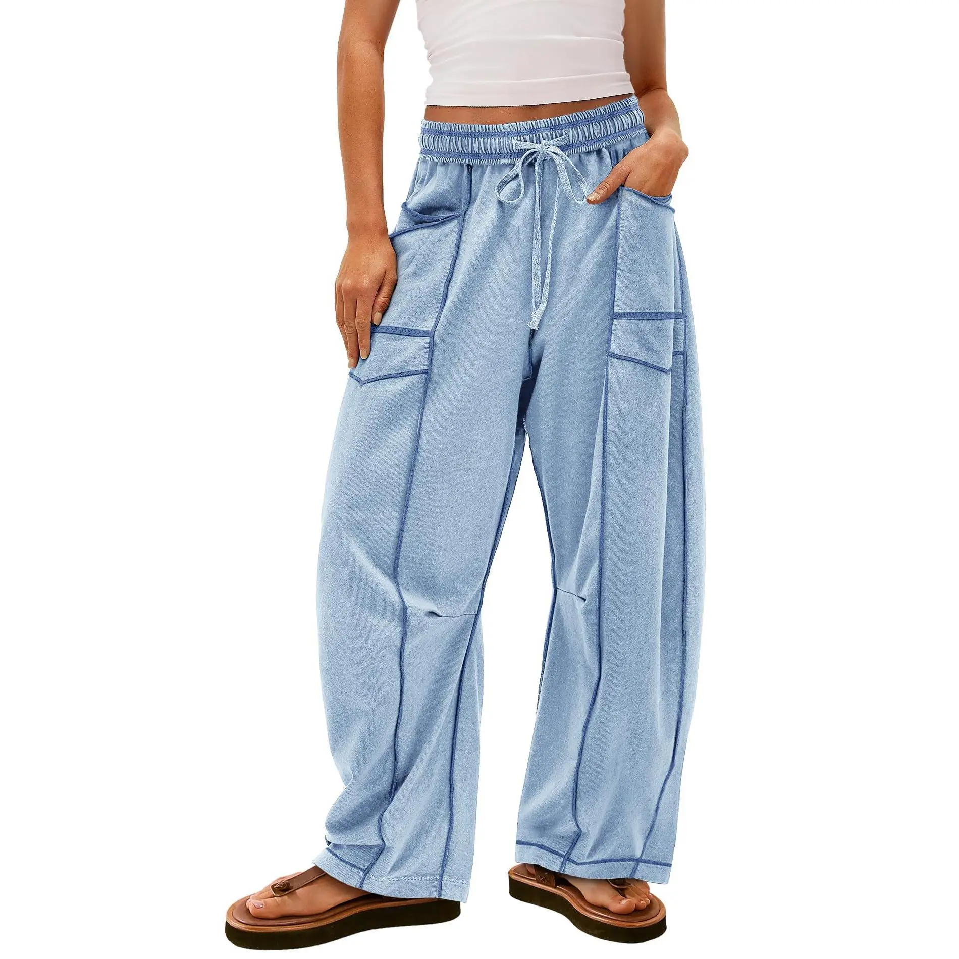 Women's Sports Sweatpants - Trendy Contrast Stitching Baggy Pants with Elastic Drawstring Waist for Casual Streetwear