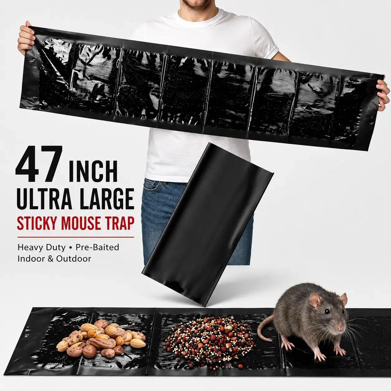 Oversized 47 Inch Heavy Duty Sticky Rodent Trap Mats in Black, Pre-Baited Strong Adhesive Pest Catchers, Multipurpose Glue Traps for Home, Garage, Warehouse and Outdoor Lawn Rodent Removal