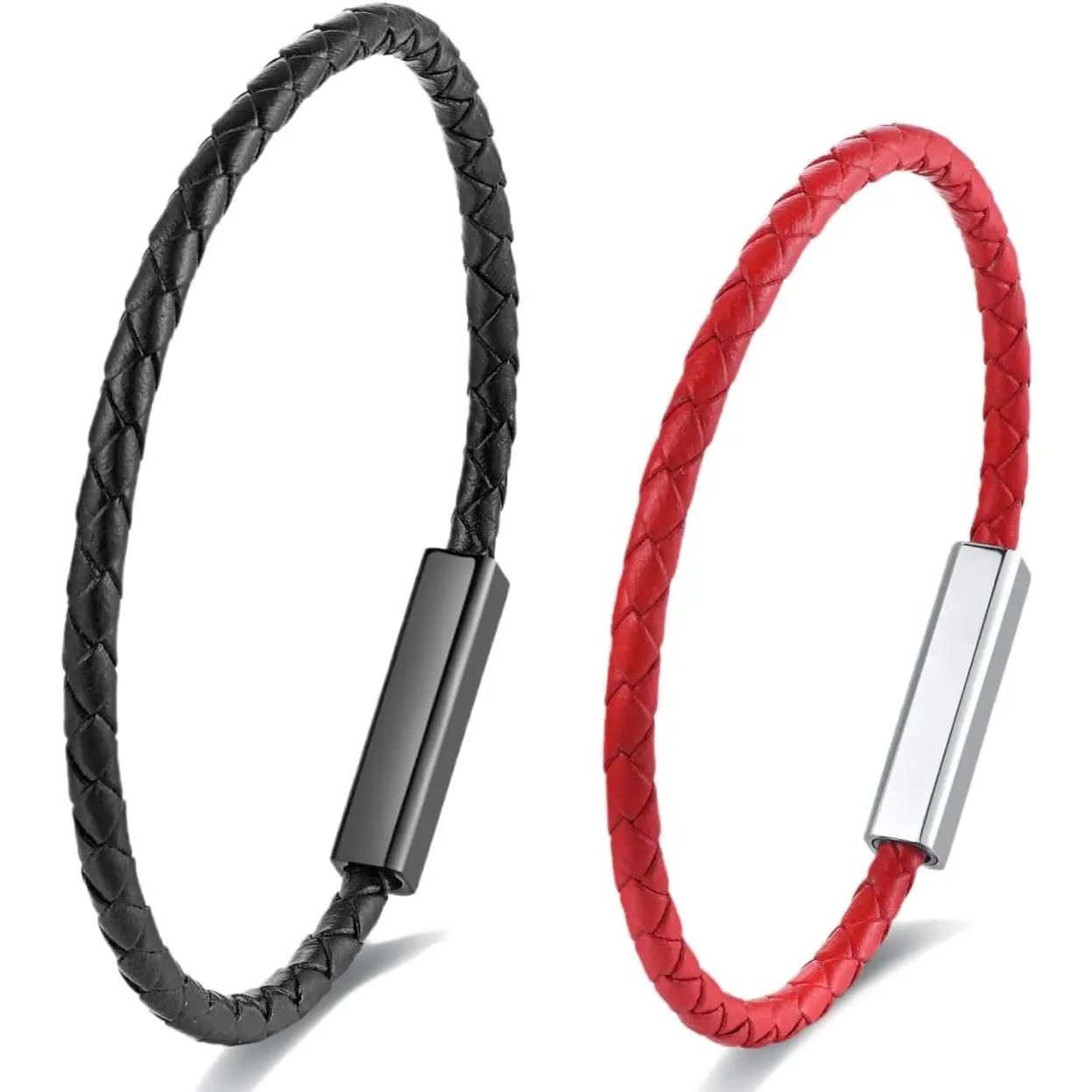 2 count Couple Bracelet Set, Black and Red Braided Leather Thin Bangle Bracelet for Couples, Matching Leather Bracelets for Couples and Lovers