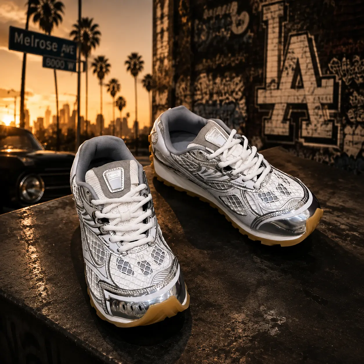Men's & Women's Silver White Retro Running Sneakers, Stylish Casual Streetwear Shoes, Cushioned Everyday Walking Shoes