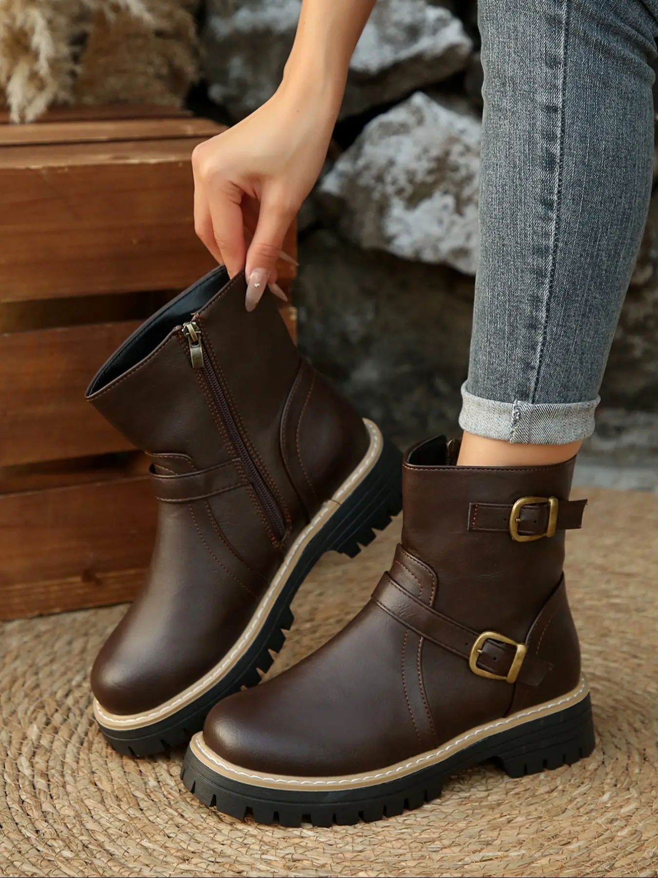 Women's Winter Short Boots, Western Style Stylish Round Toe Thick Sole Rubber Motorcycle Boots, Durable Comfortable Design, Casual Wear