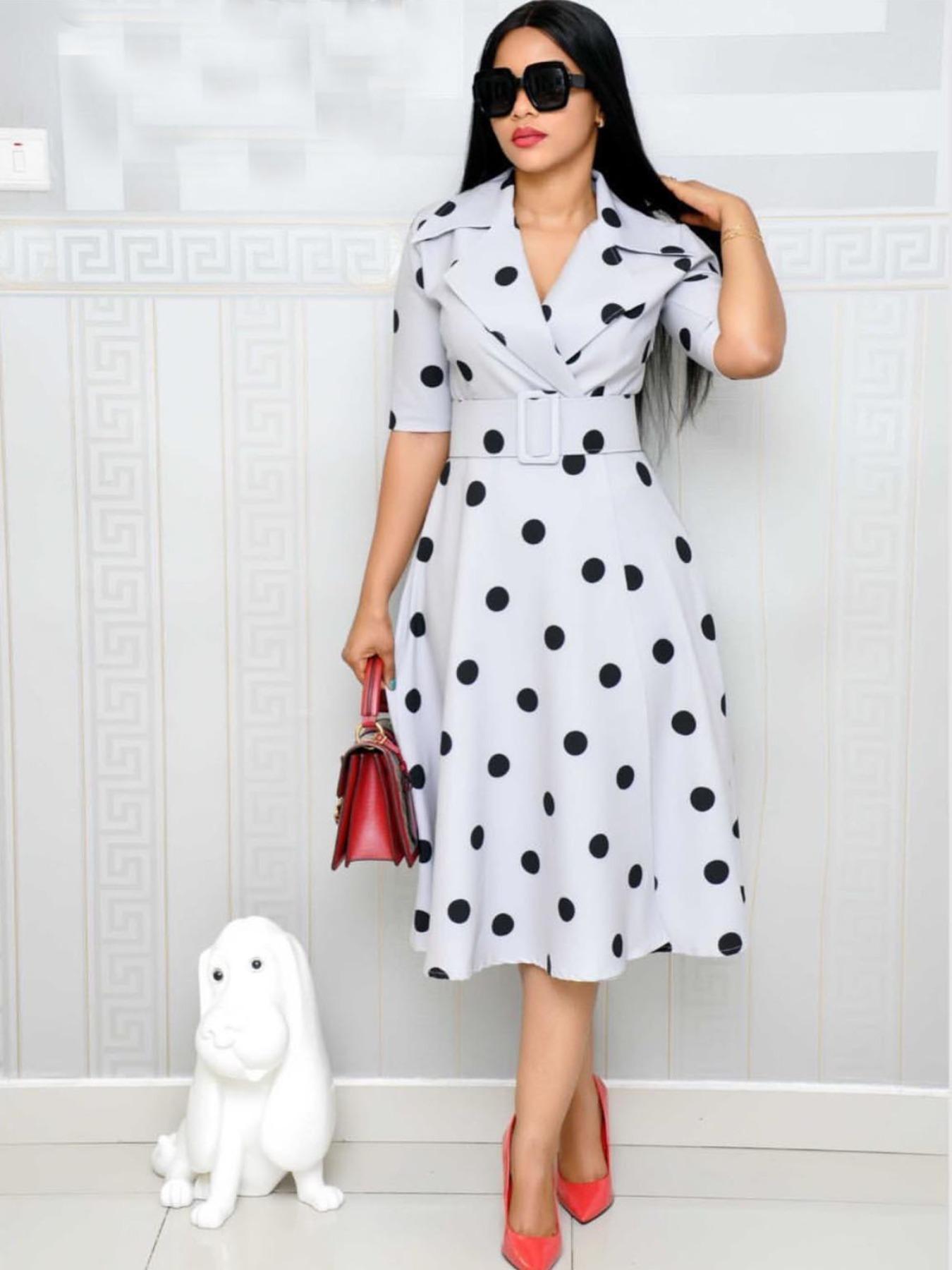 Elegant Chic Women's Midi Dress with Belt, Polka Dot Pattern, Short Sleeve, Fitted Design for Fall Style Elegant Chic Women's Midi Dress with Belt, Polka Dot Pattern, Short Sleeve, Fitted Design for Fall Style
