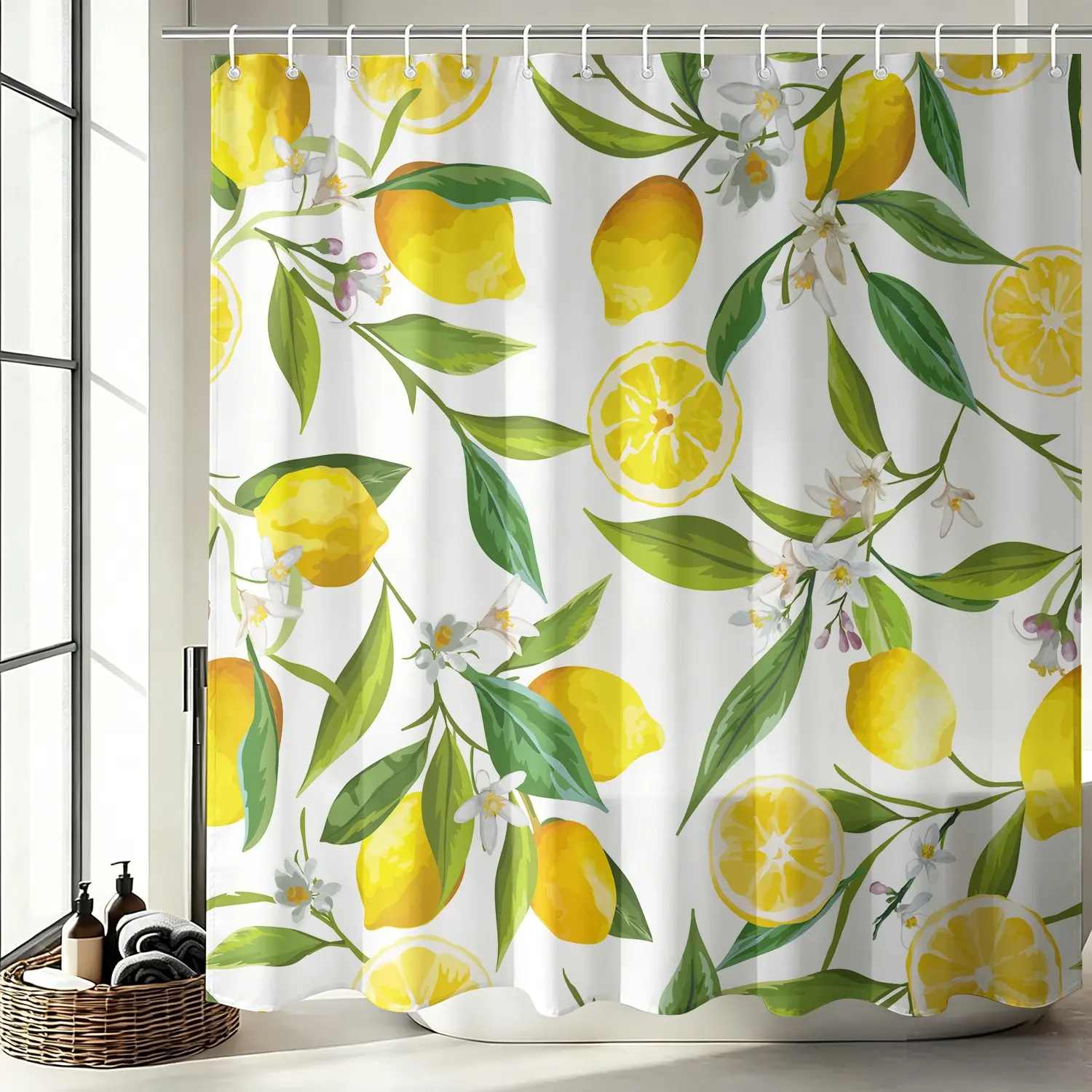 1Pc Fresh Citrus Lemon Leaf  Waterproof Shower Curtain, Botanical Floral Print Lemon Lover Housewarming Gift Summer Tropical Bathroom Decor with Hooks, Quick Dry Machine Washable Bright Fruit Bath Accessory