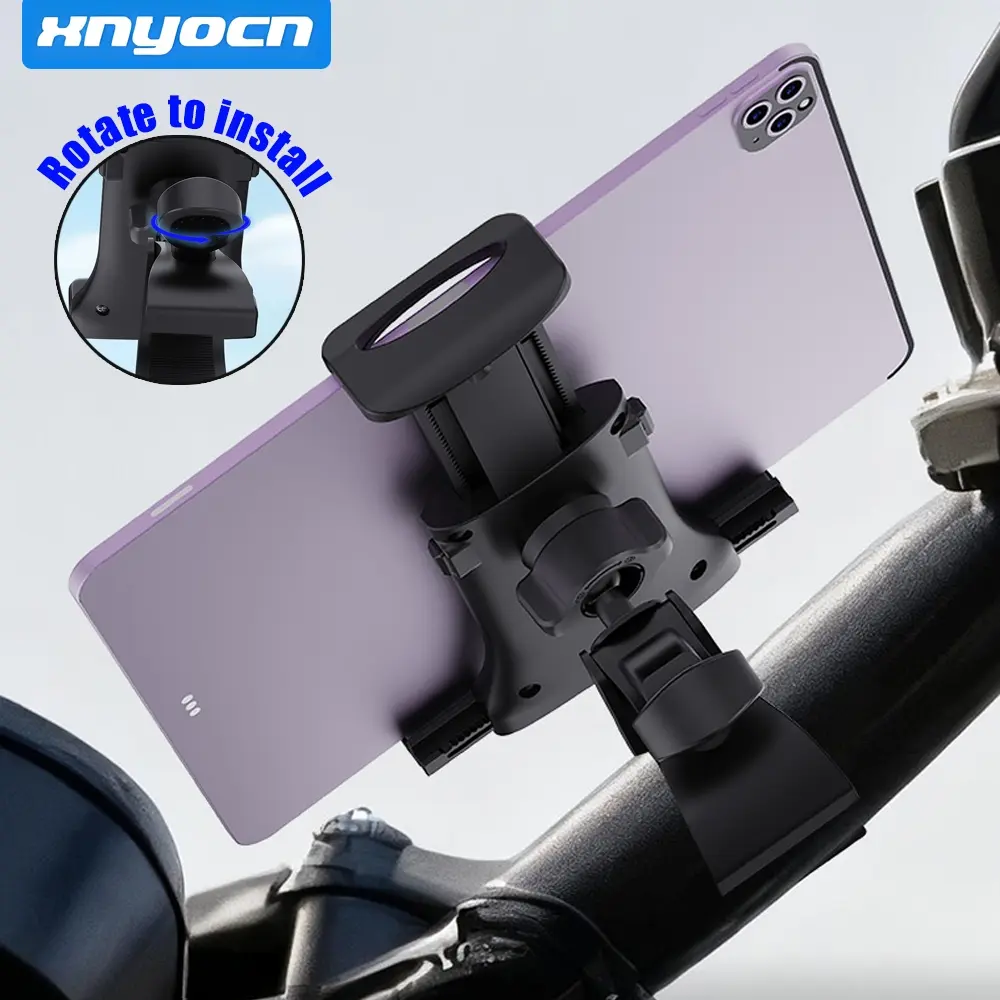 Quick-Lock Handlebar Tablet & Phone Holder, 360° Rotatable Bike Mount with Push-Button Size Adjuster & Spring Tension, Fits 4.7"-14" Devices for Motorcycle & Gym & Stroller