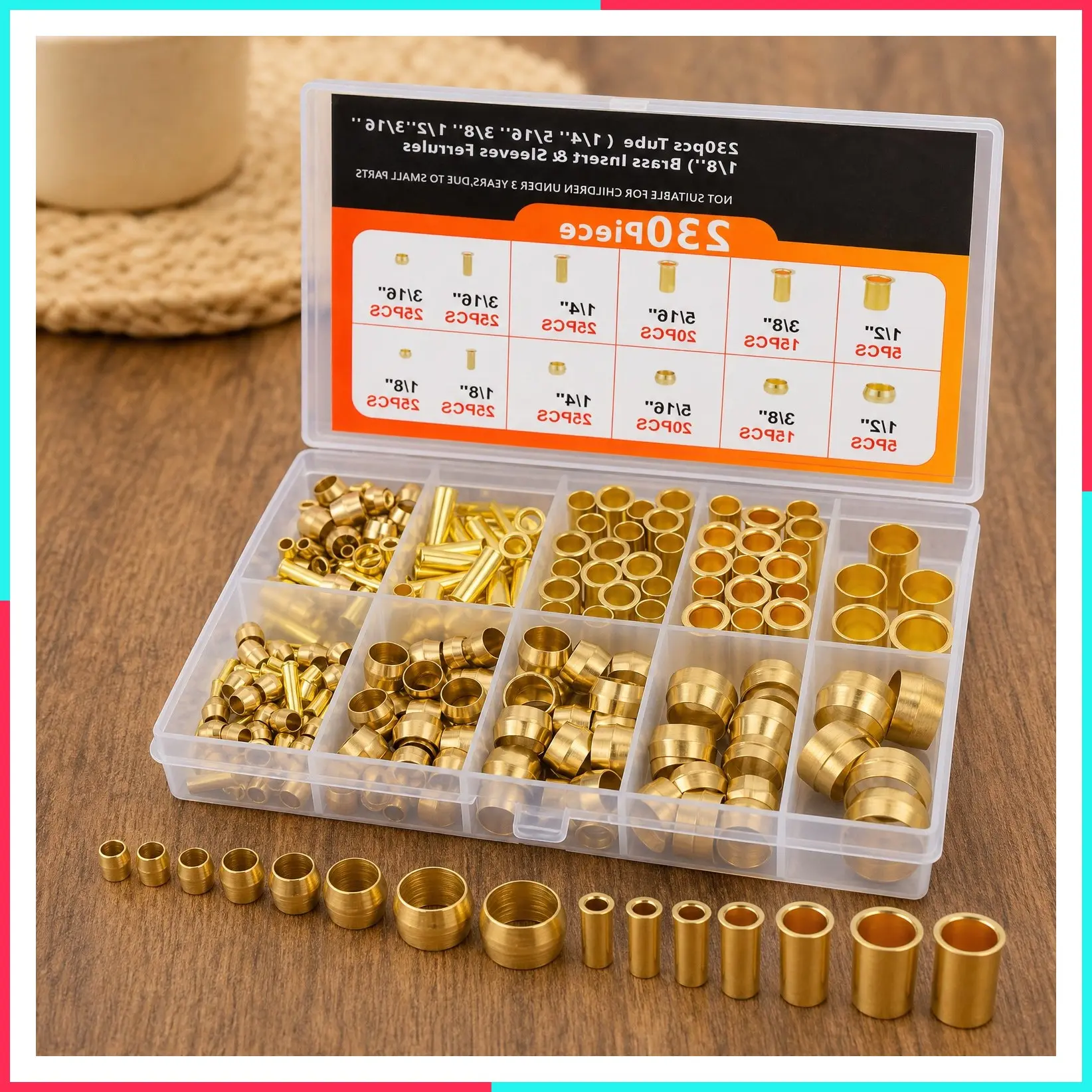 Brass Compression Fittings Assortment Kit - 6 Sizes (1/8" 3/16" 1/4" 5/16" 3/8" 1/2") Compression Sleeves Ferrules & Inserts for Air, Water, Fuel, Oil and Inert Gas Lines