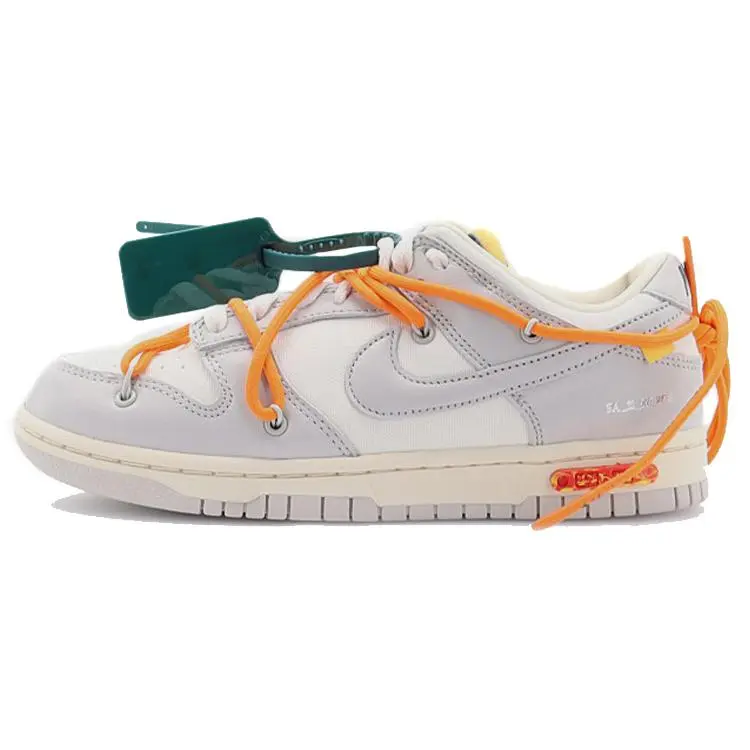 Off-White x Nike Dunk Low Sneakers – Orange Laces, Blue Accents, Unisex Gray-White Casual Shoes Verifiable, with credentials and supporting global authentication
