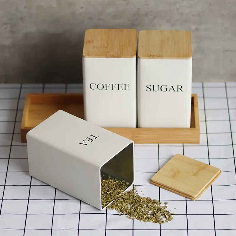 3pcs Compact Tea-Coffee-Sugar Combination Storage Canister Set - Metal Box Tin Containers with Bamboo Lids - Kitchen Organizer - Ideal Gift for Tea & Coffee Lovers