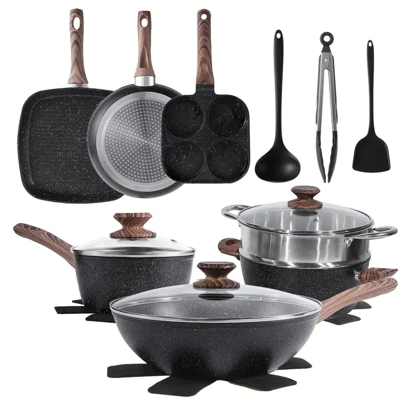 Nonstick Pots and Pans Set, Healthy Aluminum Cookware with Removable Handle, Glass Lids, Suitable for All Stovetops Including Induction, Easy Storage and Cleaning