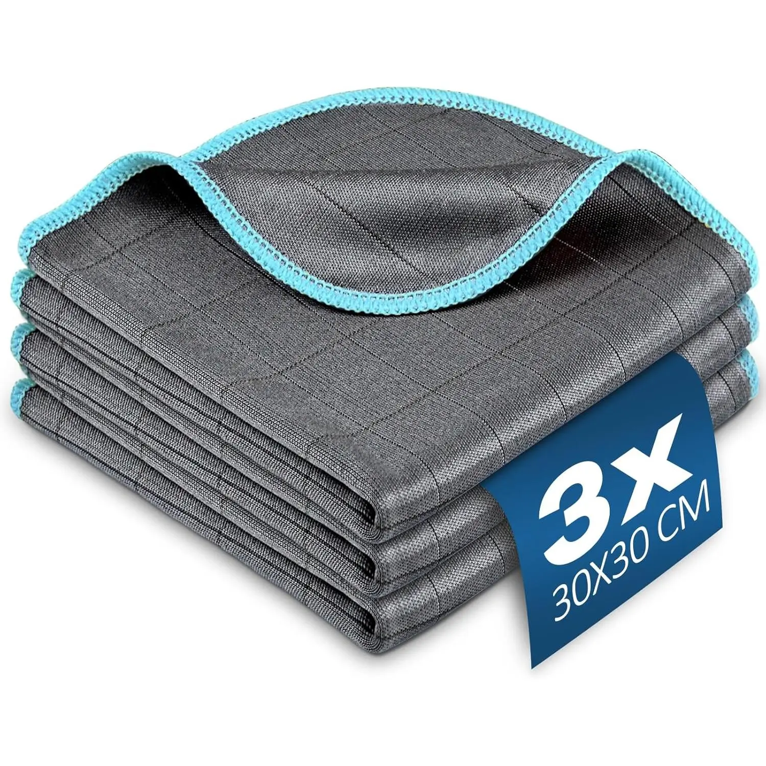 Microfiber Towels  Wash Drying Cleaning Cloth, Grey-Light Blue | Carbon Fiber Detailing Glass Window Polishing Lint Free, Streak Free, 12 x 12 Inch, Pack of 3