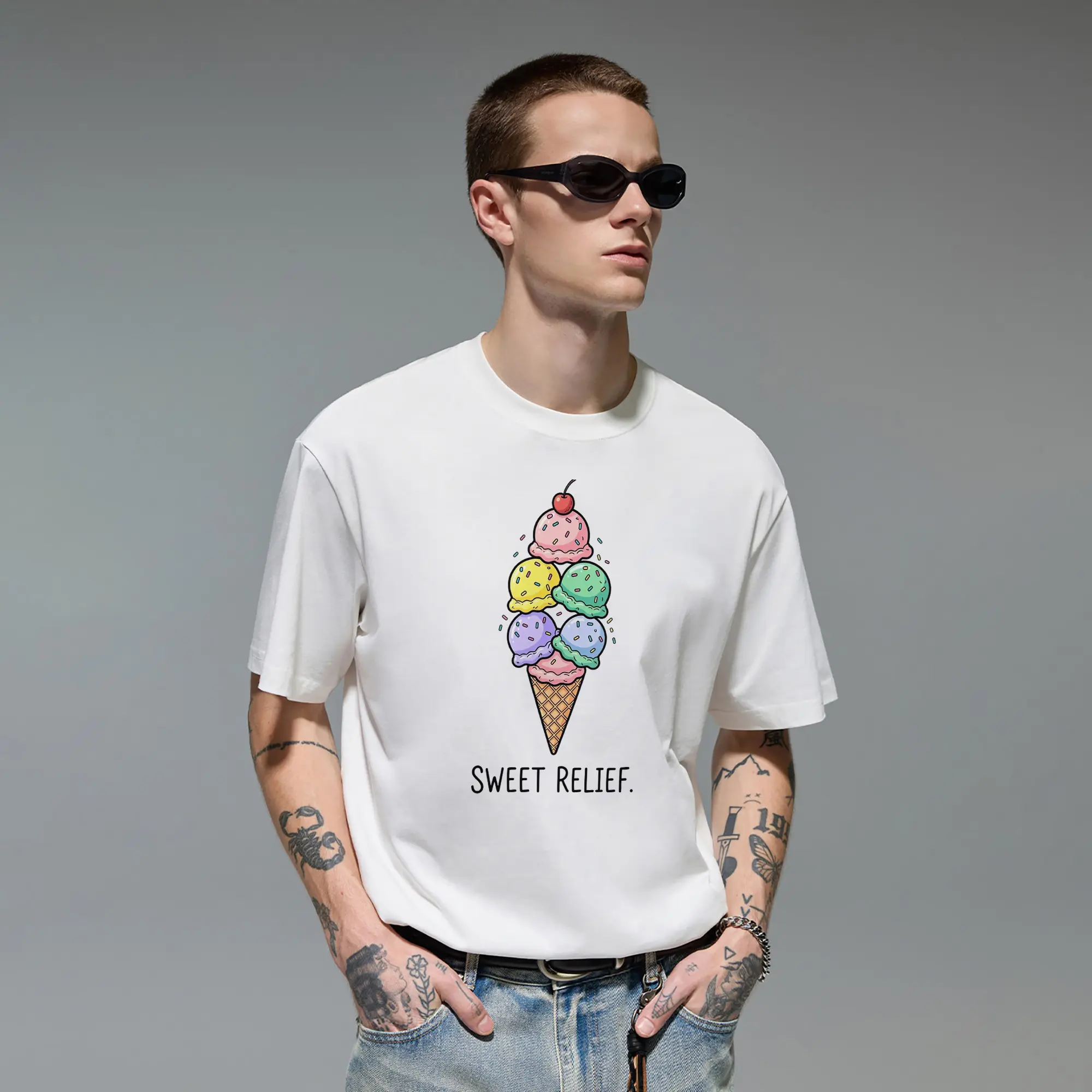 Sweet Relief Colorful Ice Cream Cone Food Art Original Oversized Cotton Graphic Tee T-Shirt for Men Novelty Gift Cutting Ideas Women Teen Girls Sweet Pastel Kawaii Aesthetic Summer Vacation Vibe Casual Everyday Wear Trendy Apparel Outfit
