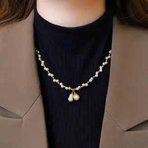 Non Tarnish Beaded Full Rhinestone Pendant Necklace for Women Gold Plated Collarbone Luxury Jewelry Accessories