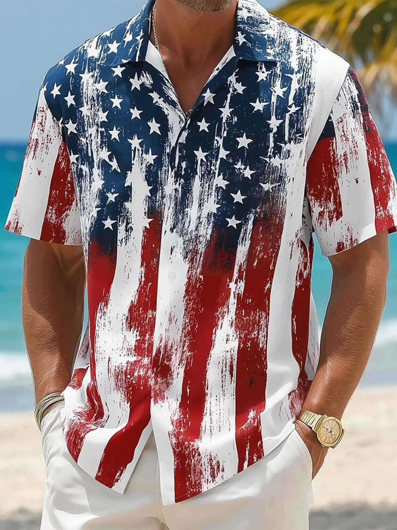 Distressed Brush Stroke Splatter Usa Flag 4th of July Festive Casual Shirt, Summer Vibe Shirt, Summer Apparel, Long Slim-Fitting Short Sleeve Top, Random Print Design, Unlined Fabric