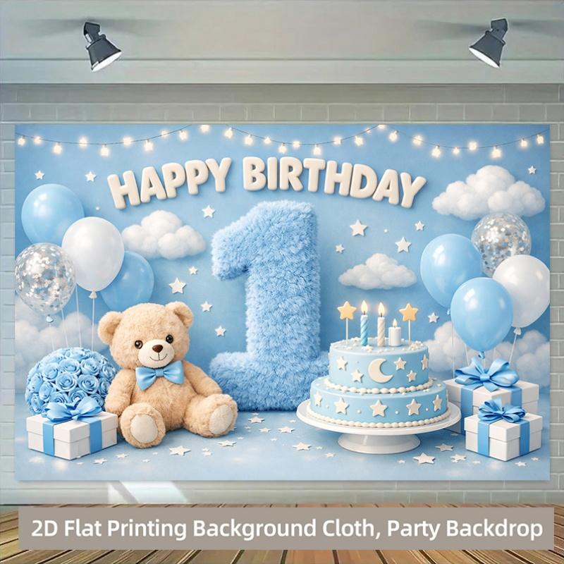 Blue 1st Birthday Party Backdrop Banner, Teddy Bear Theme, Polyester Material, Indoor Outdoor Decor, Stage Room Decoration, Holiday Party Supplies