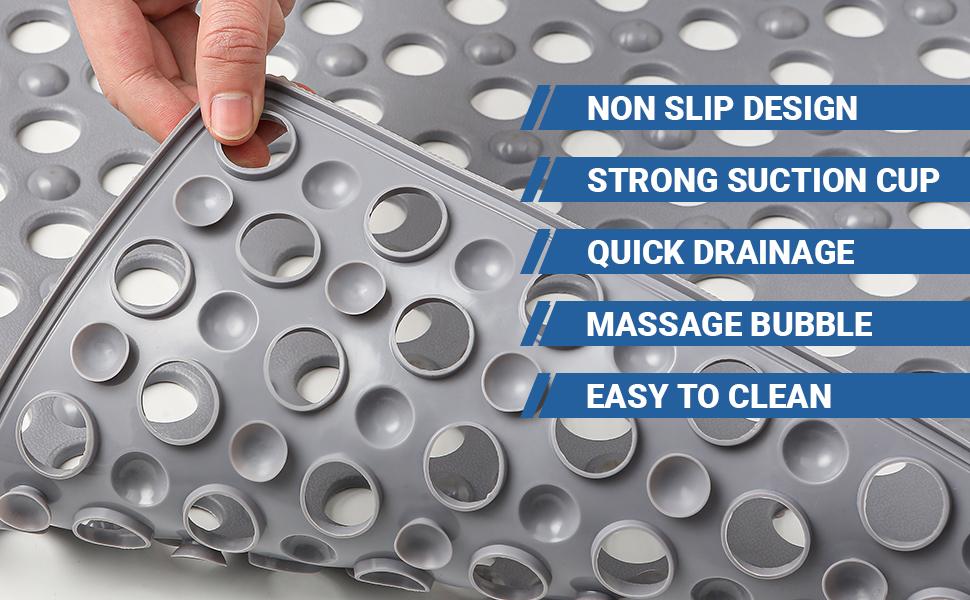 Non Slip Bathtub Mat and Shower Mat 31x17 inch,Bath Mat with Quick Dry Drain Holes and Suction Cups, Soft Comfortable Safe Bathroom Mat for Bath Tub, Floor, Tile (Grey)