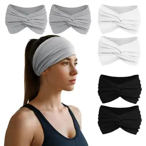 Headbands for Women, Non Silp Wide Hair Bands, Elastic Thick  Bands, Stretchy Soft   Bands for  Workout Running Gym,  Cloth Hair Accessories 6 count, Two Black/White/Gray