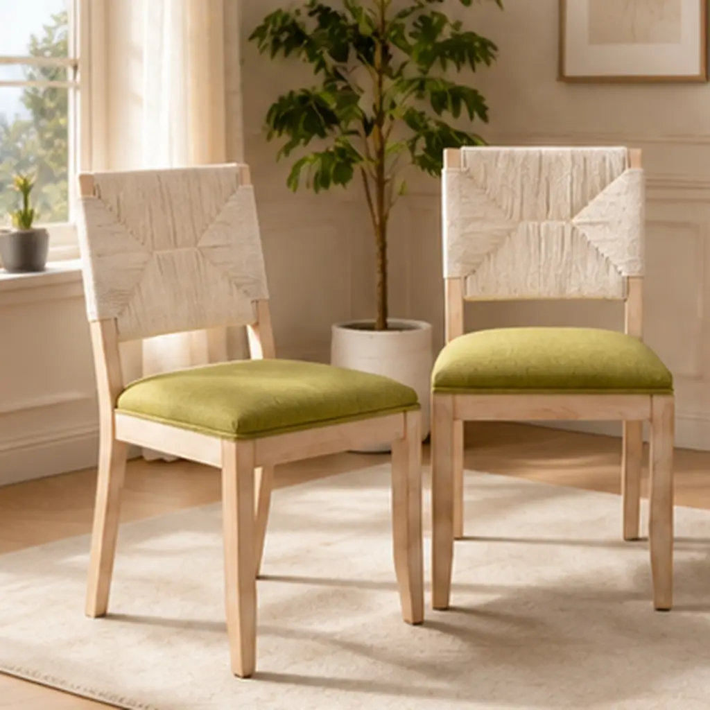 ARCH Set of 2 French Country Dining Chairs, Farmhouse Kitchen & Dining Room Chairs, Boho Wood Dining Chair with Woven Rope Back, Linen Upholstered Seat, Solid Wood Frame, Olive Green, Sponge Cushion, 18.9Wx22Dx34H in, Olive Green Color Options
