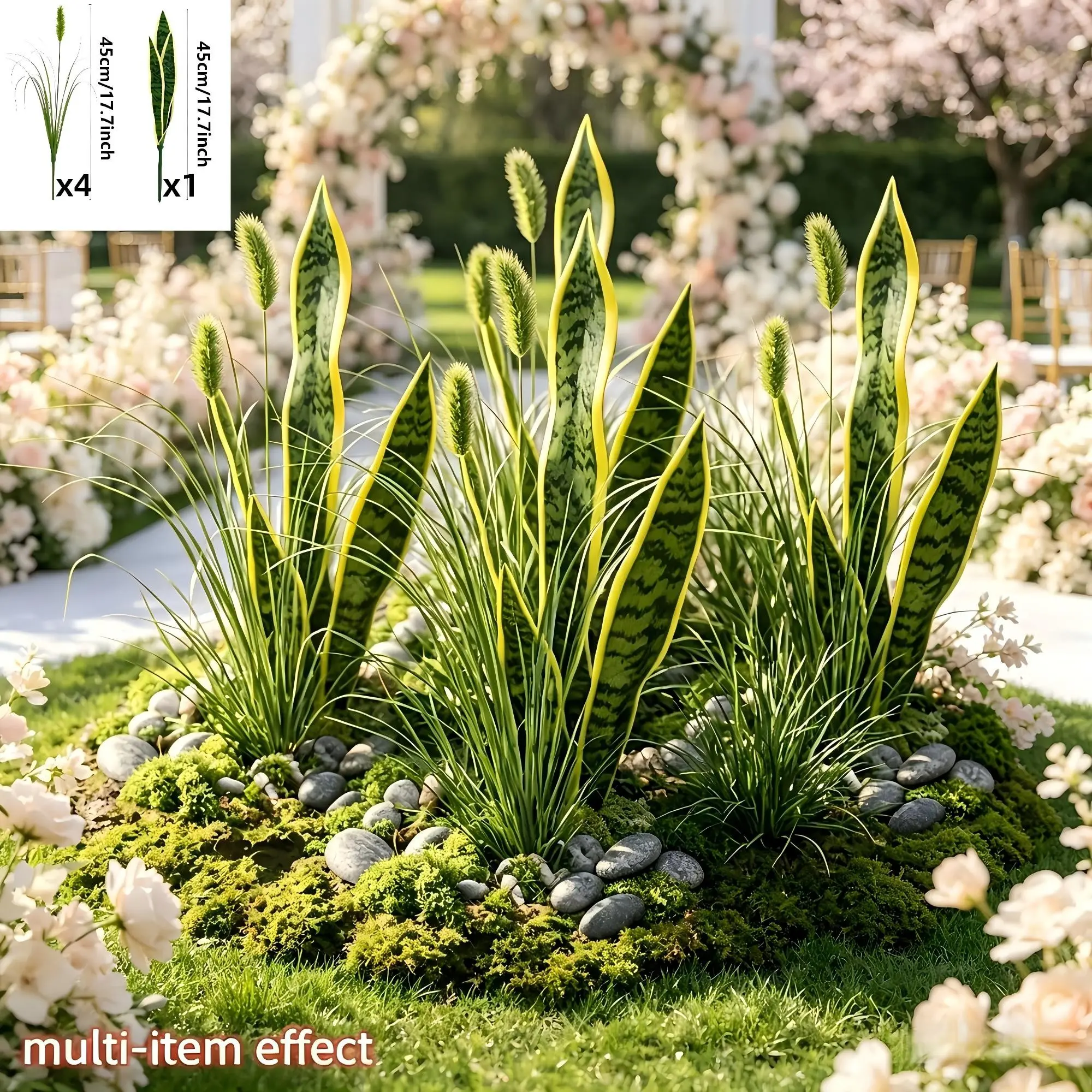 5‑Pack Artificial Plants Set, 4 Reed Grass +1 Fake Snake Plant, 45CM Realistic Faux Sansevieria Stems, Indoor Outdoor Greenery for Planter Box, Garden, Wedding, Porch, Living Room, Farmhouse Yard DIY Decor