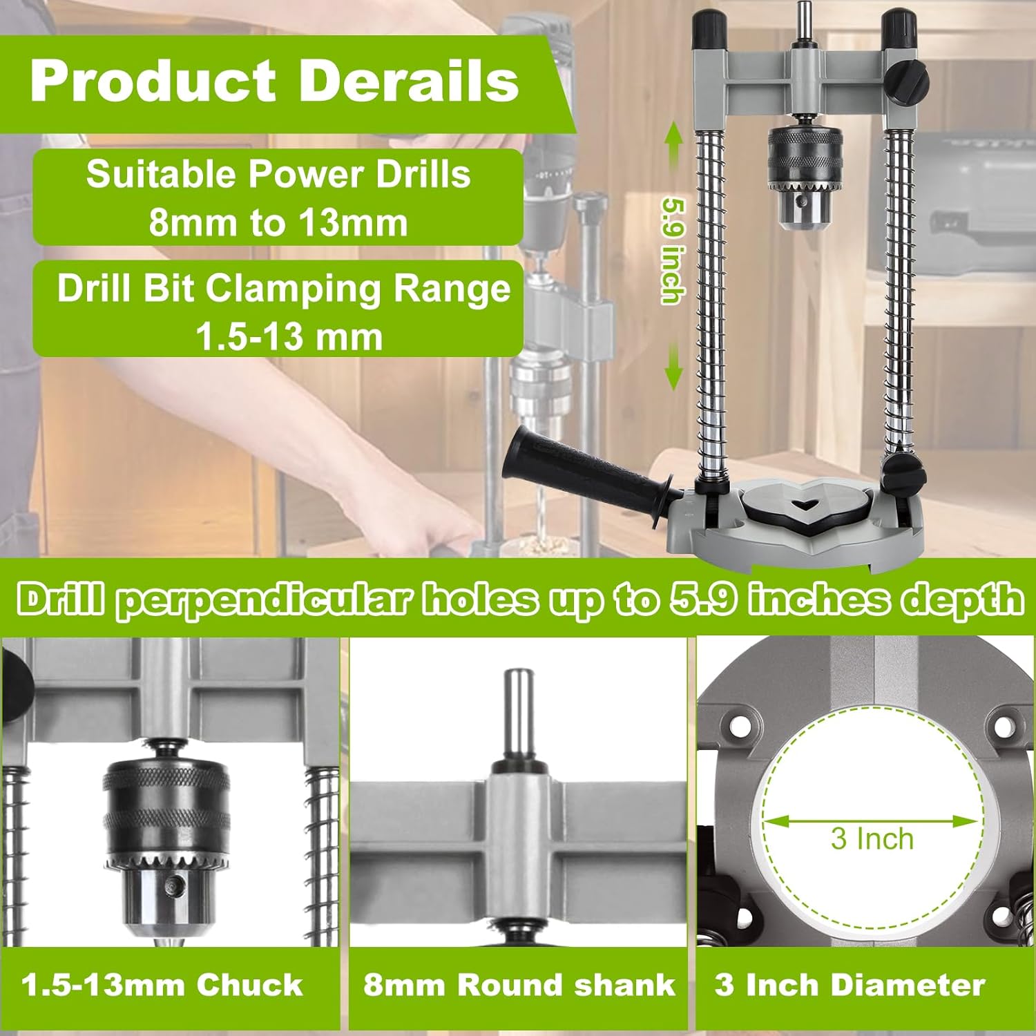 Portable Drill Guide Press with Multi Angle Guide Attachment 1.5-13mm Chuck Capacity 38-43mm Stand Base for Precision Drilling in Wood Metal and DIY Projects