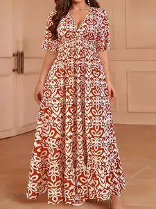 Plus Size V Neck Short Flutter Sleeve Summer Maxi Dress, Smocked Waist A Line Flowy Long Dress