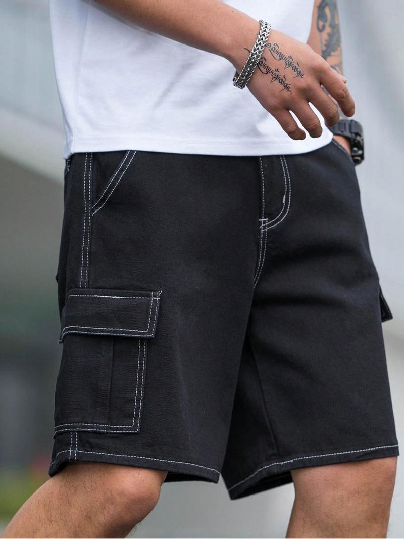 Men's Solid Flap Pocket Cargo Shorts, Loose Casual Fashion Denim Shorts for Daily Outdoor Wear, Men Bottoms for Summer, Lightweight Shorts