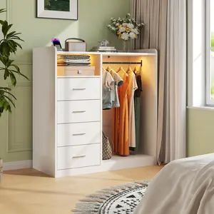 4-Drawer Wardrobe with Hanging Rack & Open Shelves – LED Lights & Charging Station, Large Storage Organizer for Bedroom & Living Room
