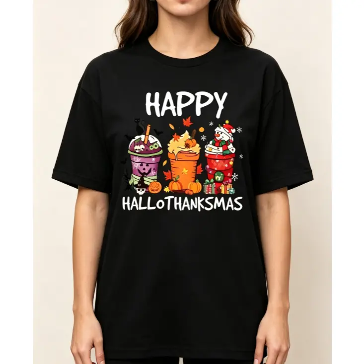 Happy Hallothanksmas Graphic Tee – Tee With High-Quality Printed Design of Three Festive Milkshakes Representing Halloween, Thanksgiving & Christmas, 100% Cotton, Perfect Gift For Holiday Lovers & Party Goers, Best Seasonal Celebration & Casual Wear