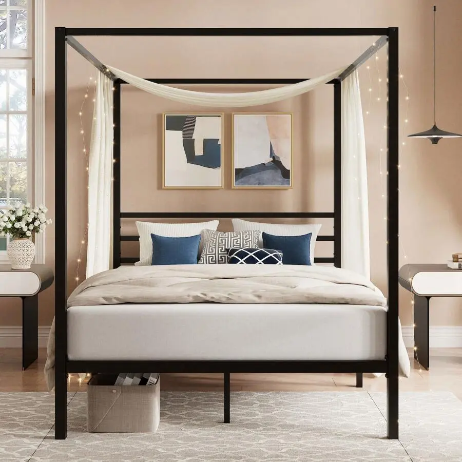 Allewie Black Canopy Platform Bed Frame - Full/Queen Size, 4-Post Heavy-Duty Metal Bed Frame, Noise-Free Mattress Foundation With Metal Slats Support, No Box Spring Needed, Easy Assembly