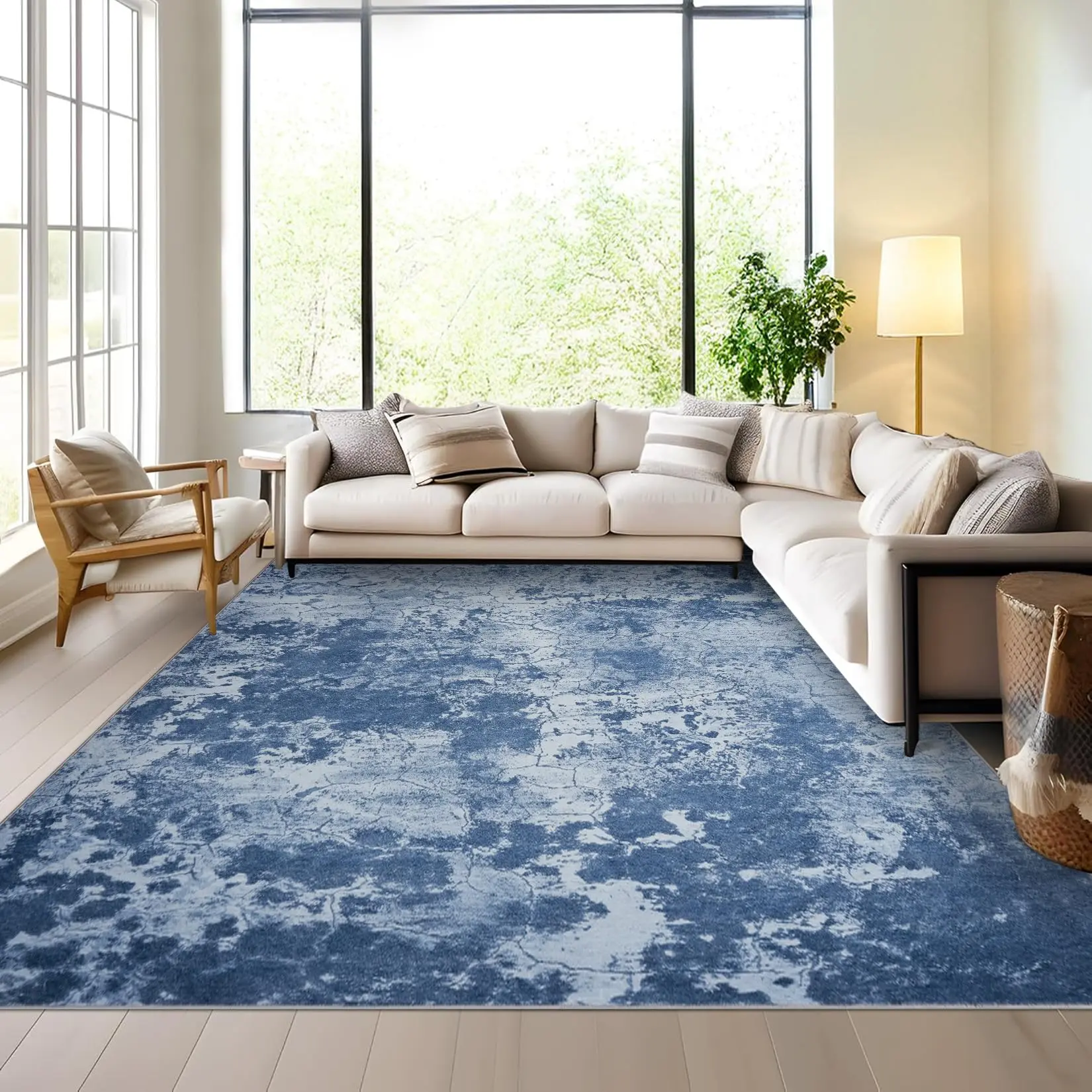 GARVEE Living Room Area Rugs - 6x9 Washable Modern Abstract Large Soft Indoor Rug Neutral Modern Low Pile Carpet for Bedroom Dining Room Apartment Blue