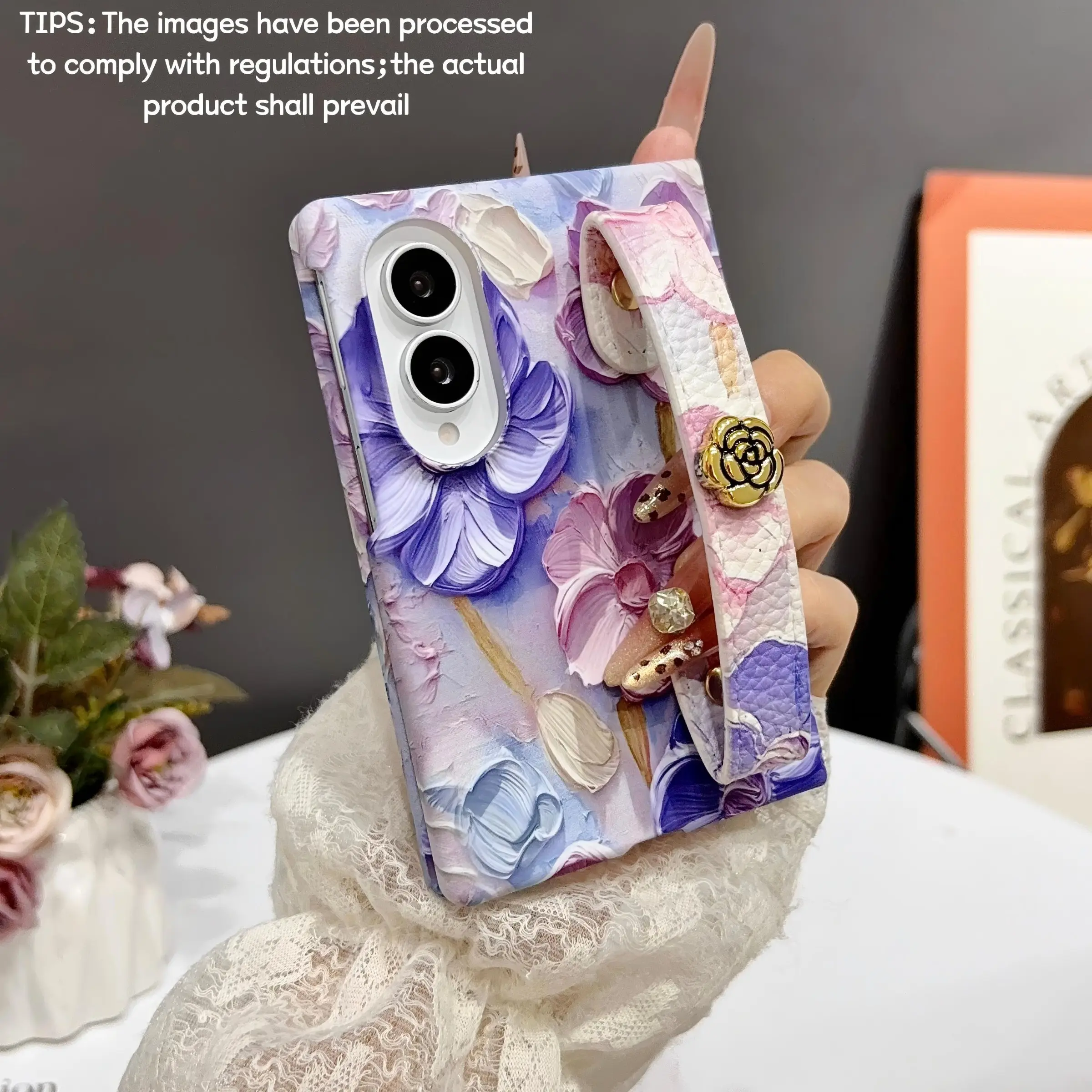 Watercolor printed phone case,available with optional wrist strap,for Samsung Galaxy Z Fold 8,the strap supports finger threading for a secure grip,prevents slipping and dropping when using with one hand,stylish protective cover
