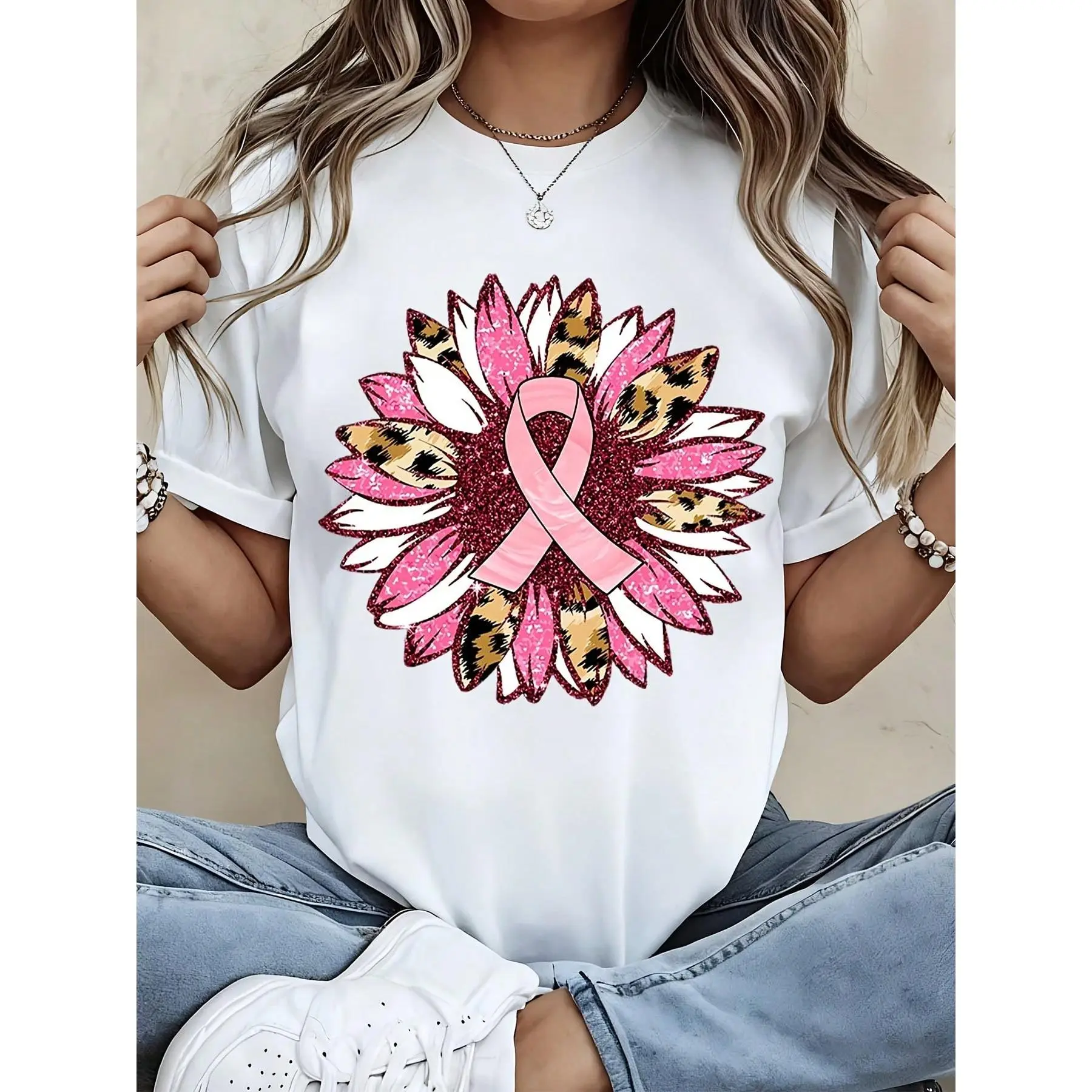 Breast Cancer Awareness Pink Ribbon Flower Leopard Print T Shirt Women Casual Top Breast Cancer Support Shirt