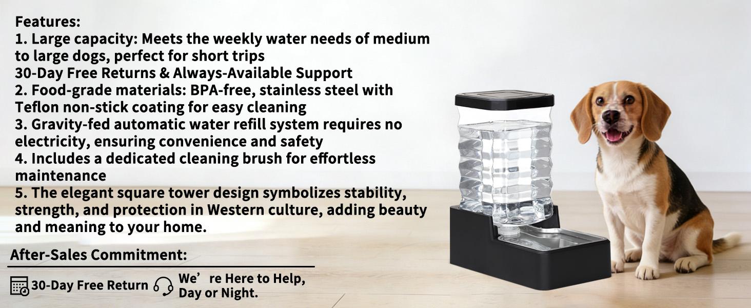 Stainless Steel Pet Water Feeder: 9L Large Gravity Waterer - Less Refills All-Day Water - No Mess Keeps Floors Dry - Quiet Refill - for Medium to Large Dogs - Workday/Day Trip