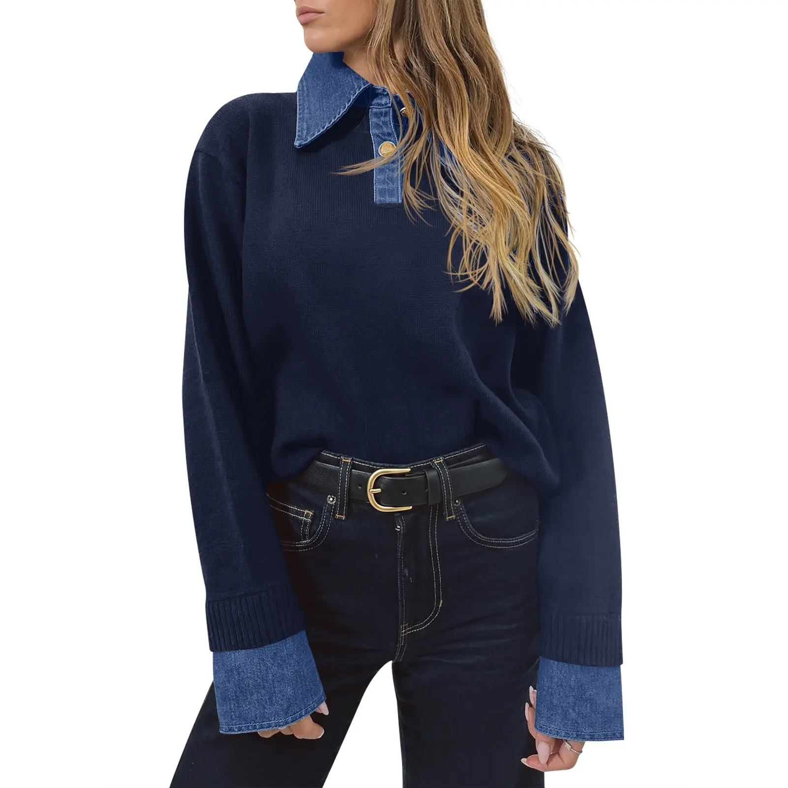 Saodimallsu Womens Denim Patchwork Sweaters V Neck Polo Pullover Tops sohochic