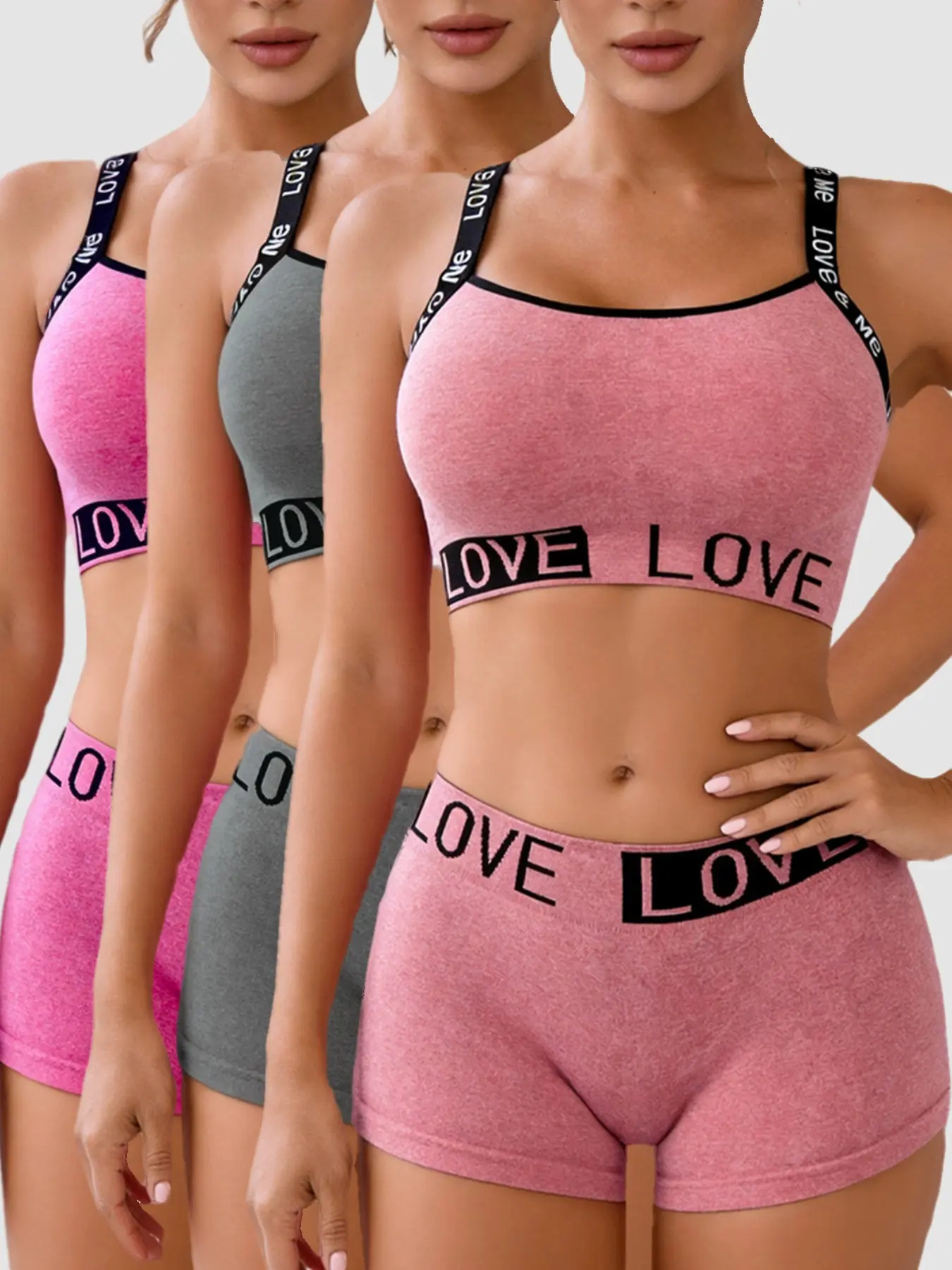 3 PCS Trendy Fitted Activewear Letter Band Activewear Set, Women's Soft Stretchy Sports Bra and Biker Shorts