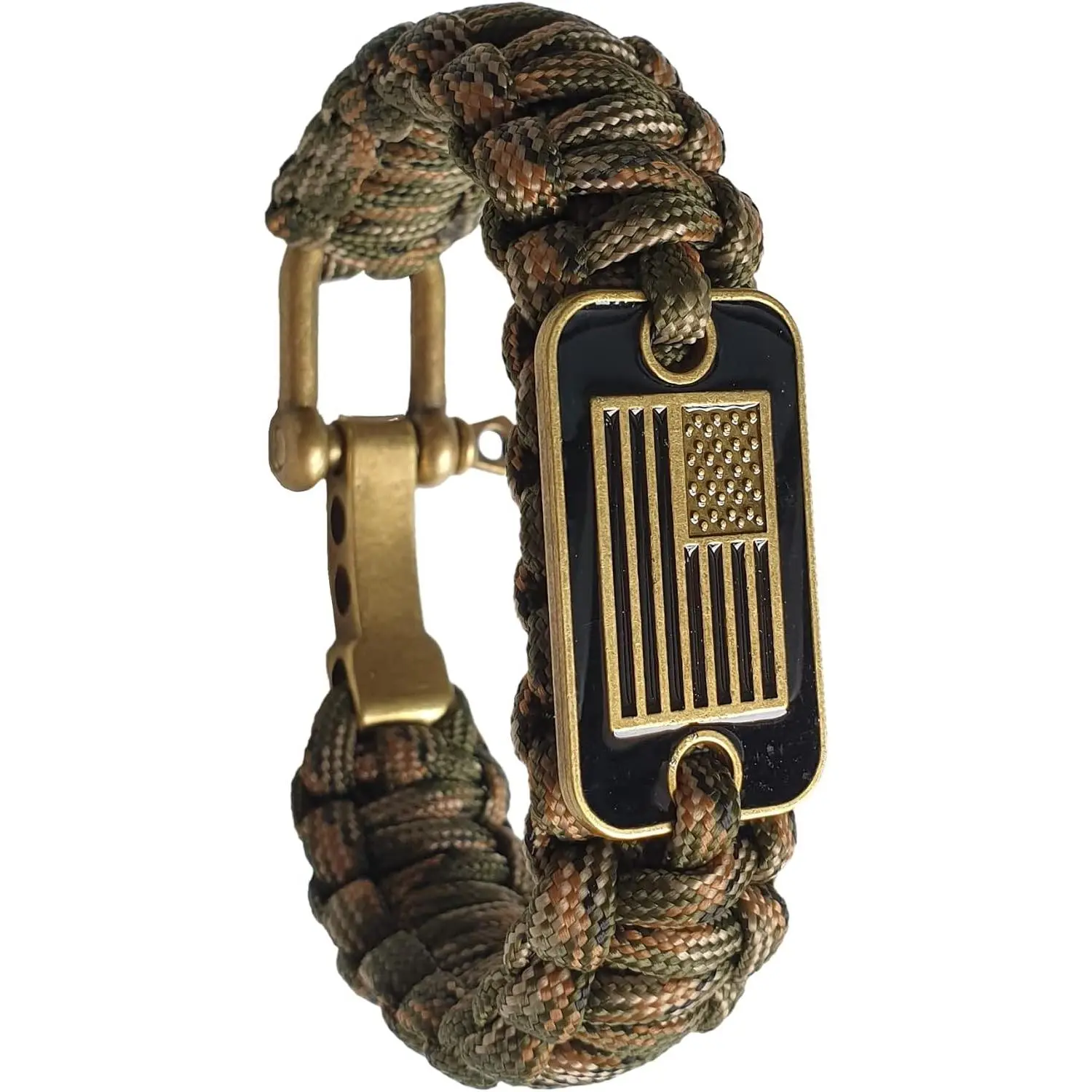 Tactical Survival Paracord Bracelet for Men with Bronze USA Flag, 3 Adjustable Sizes, Green Camo, LGift