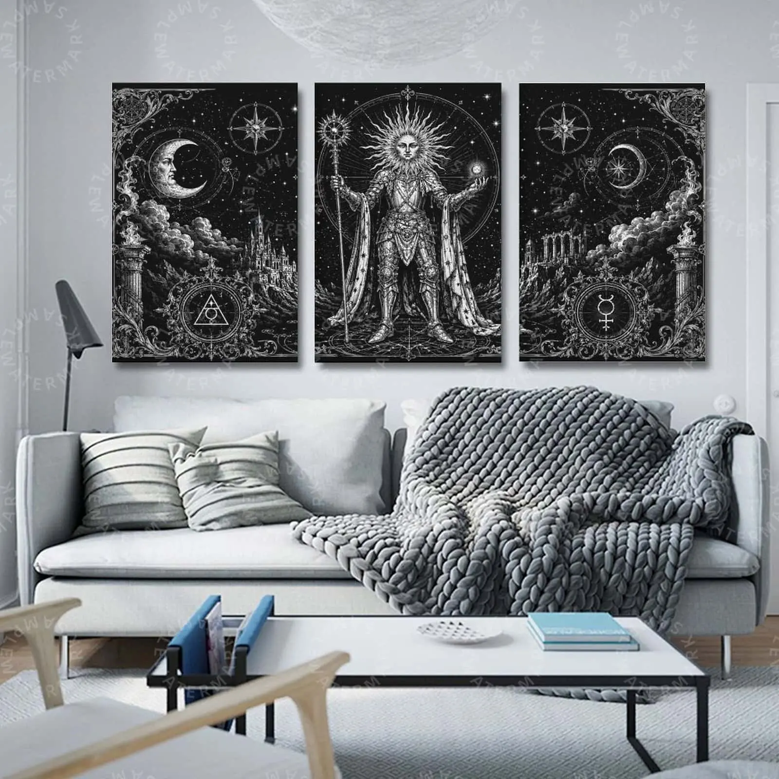 Celestial Sun Moon Triptych Wall Art, Black White Mystical Canvas Poster Set, Astrology Inspired Aesthetic Print for Living Room, Bedroom, Office Wall Decor, Gothic Gift