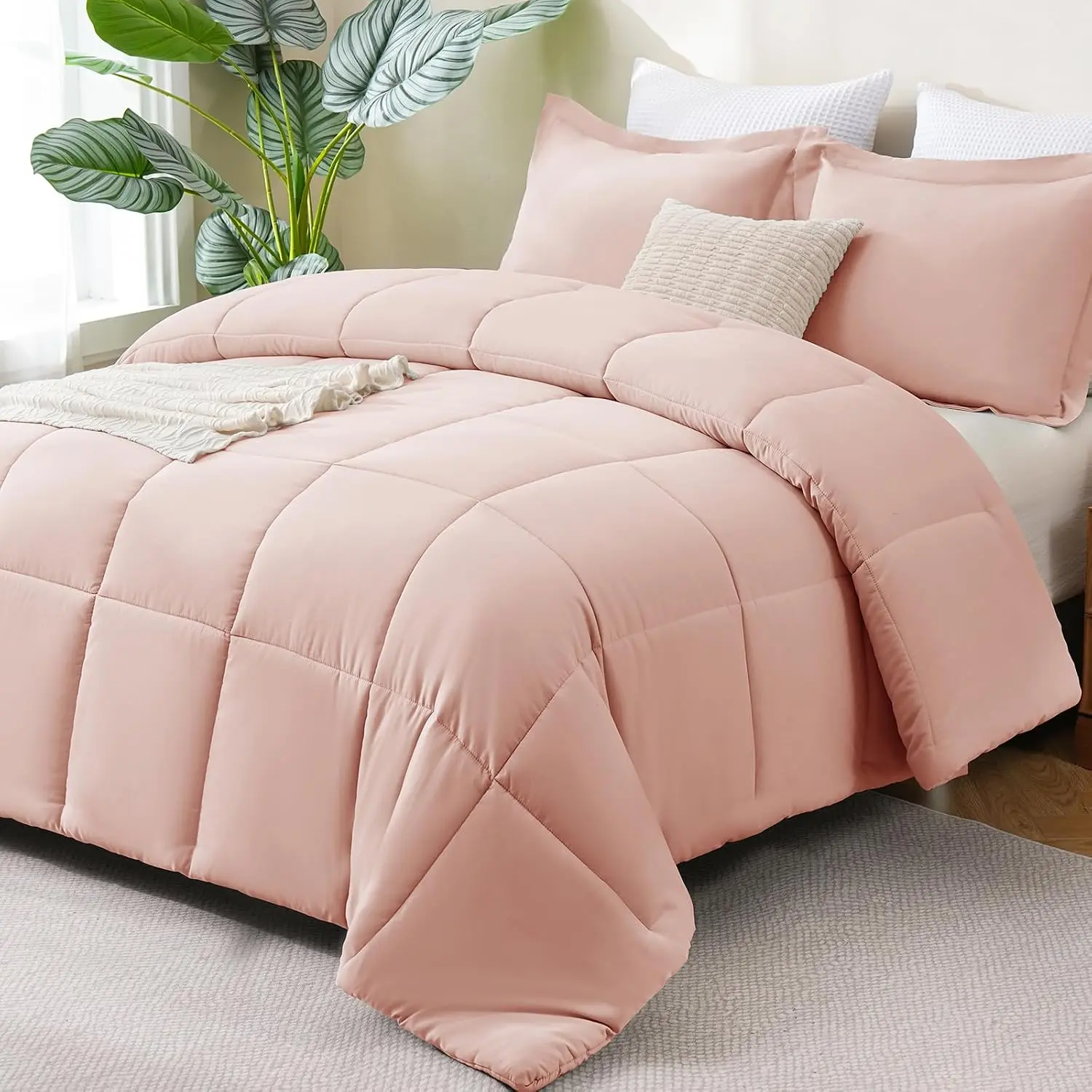 Full Size Comforter Sets - 270GSM Blush Pink Bedding Sets for All, 3 Pieces Box Stitched Bed Set with 1 Down Alternative Comforter and 2 Pillow Shams, Soft, Lightweight, Breathable