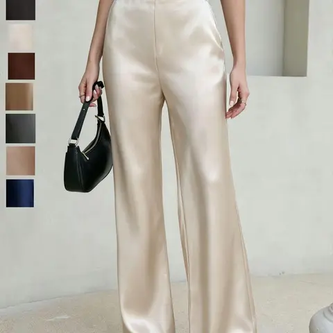 Elegant Acetate Satin Long Pants for Women, High-Waisted Straight Leg Wide Leg Pants, Office Wear Outerwear, Premium Quality