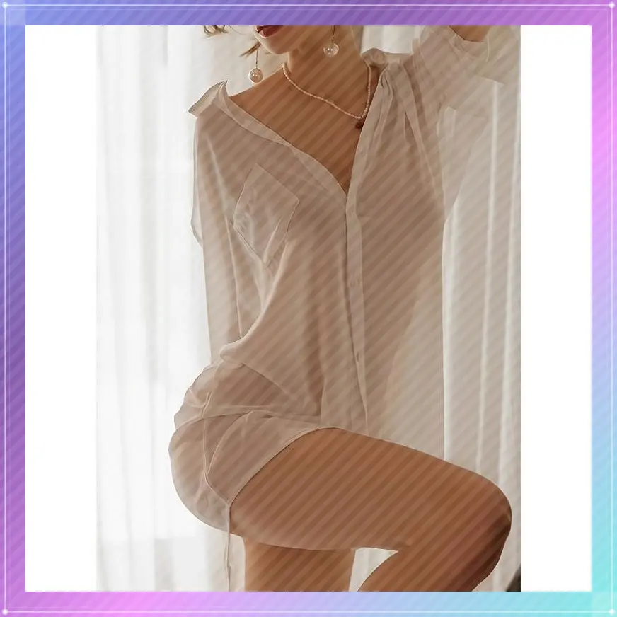 Seductive Solid Color Sheer Shirt for Women - Loose Long Sleeves Polyester Knit Loungewear Sleepwear - No Removal Required for Playful Nightwear