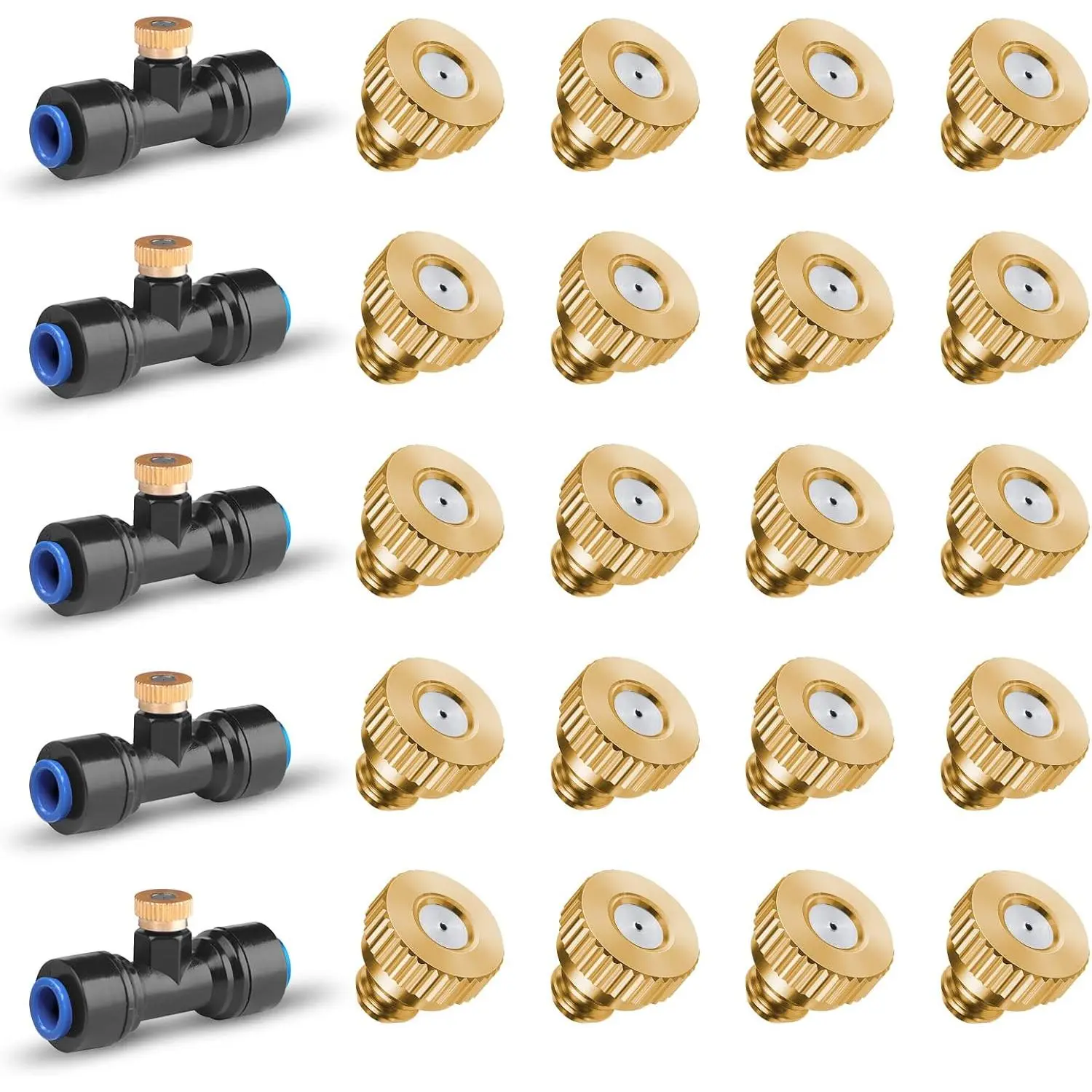 20 Pack Brass Misting Nozzles & 5 Pack Tee Misters | Nozzles Replacements for 1/4 inch tubing, For Outdoor Patio Cooling, Garden Watering, Fan Mist System
