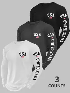 Men's Usatuan Graphic Long Sleeve T-Shirt, Breathable Round Neck Running Training Top, Outdoor Fitness & Daily Wear, 3-Pack