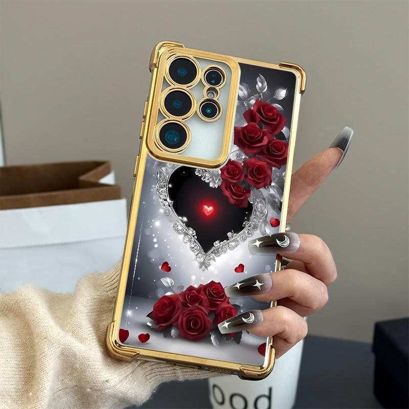 Heart Rose Pattern Phone Case for iPhone 17 Pro Max 16 15 Plus 14 13 12 11 Pro, Four Corners Airbags Shockproof Transparent Soft Back Casing